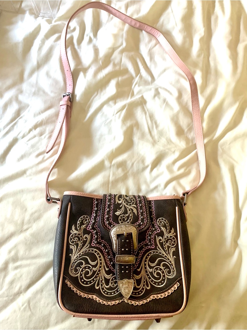 Montana West Brown and Pink Embroidered Crossbody Bag